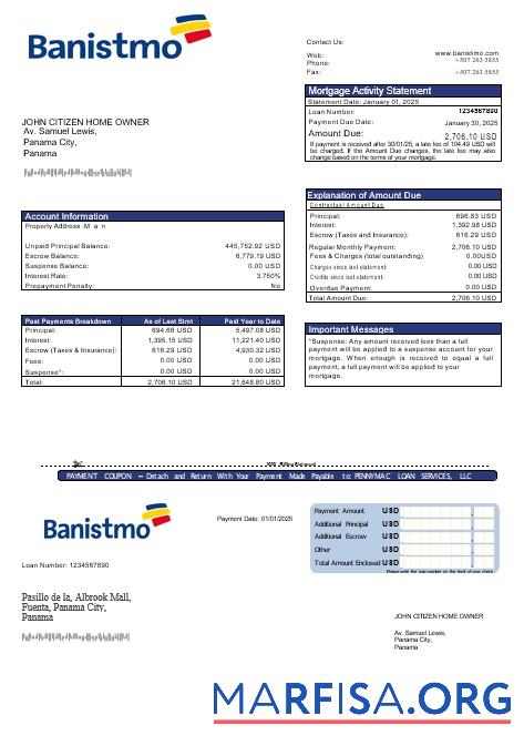 Downloadable Panama Banistmo bank mortgage statement in Word and PDF formats real example